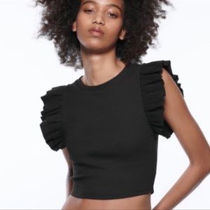 ZARA RUFFLED RIBBED T-SHIRT MI BLACK